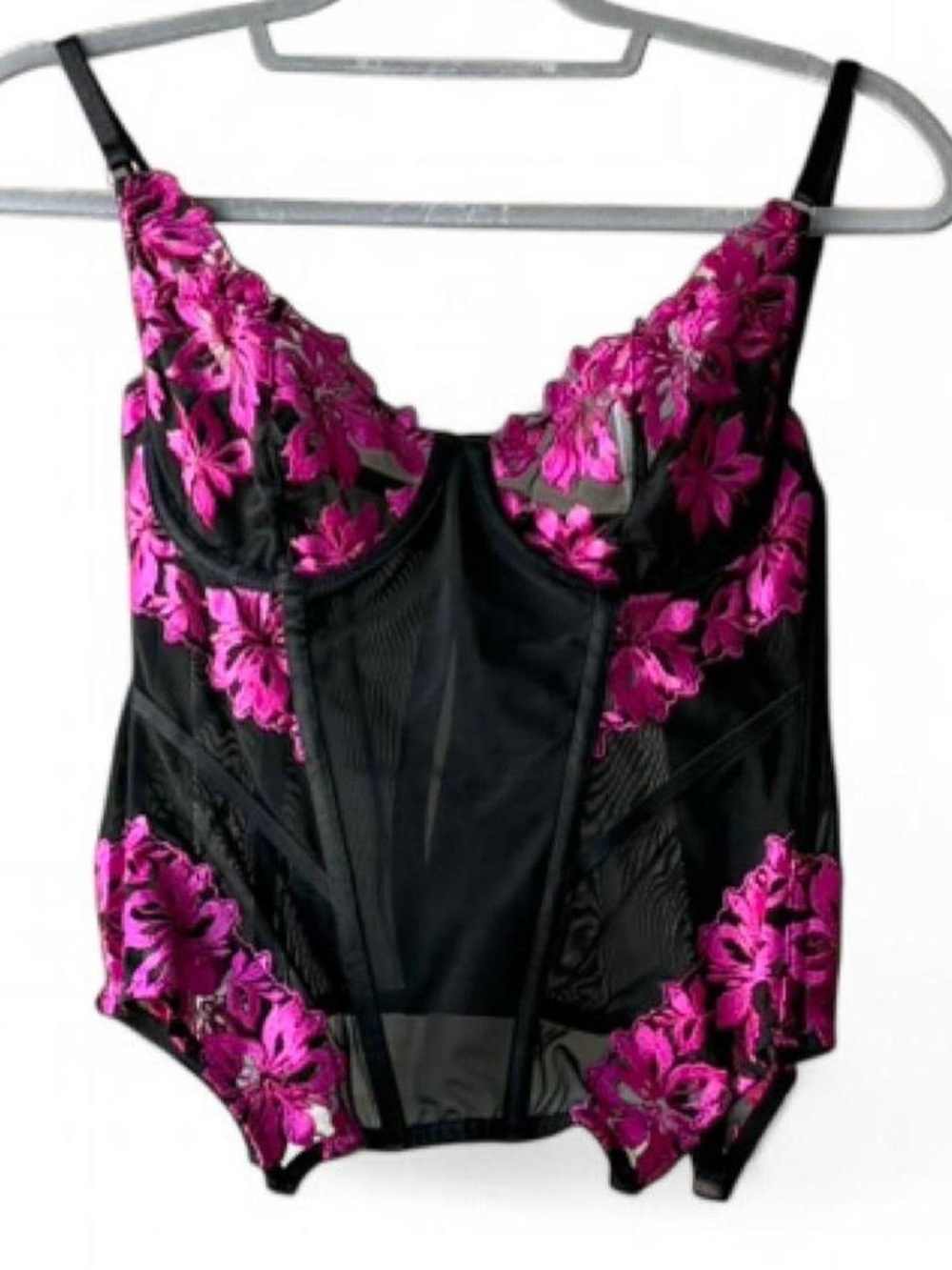 Pour Moi NWT Black Mesh Magenta Floral Embroidery Corset Lingerie Top Size 34B